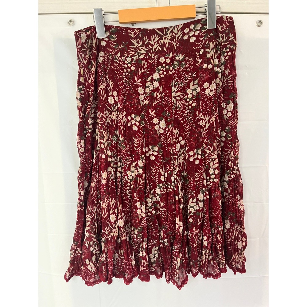 Vintage Marie Claire Burgundy Floral Chiffon Pleated Midi Skirt Lace Trim
